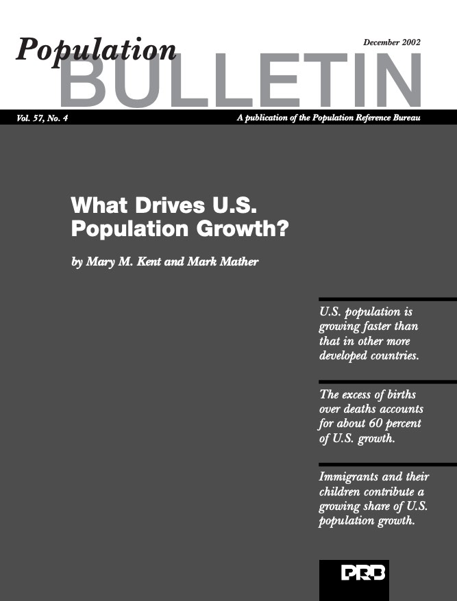 black and white cover of pdf, Population Bulletin, vol 51, no. 4: What Drives U.S. Population Growth?