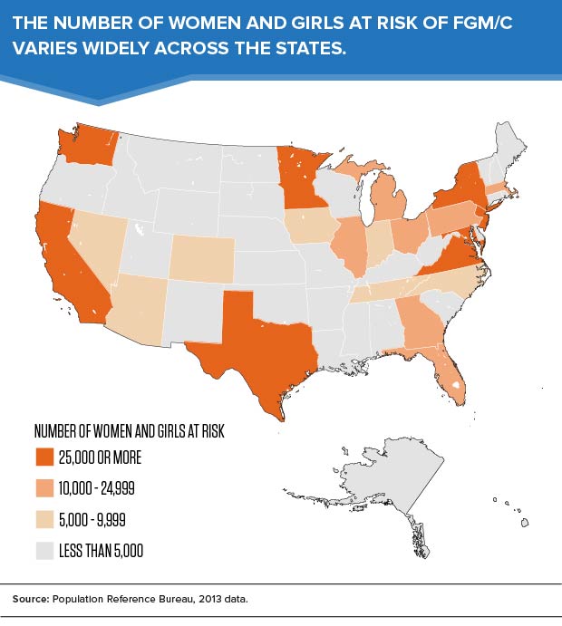 Map of United States showing women and girls at risk of FMG/C by state