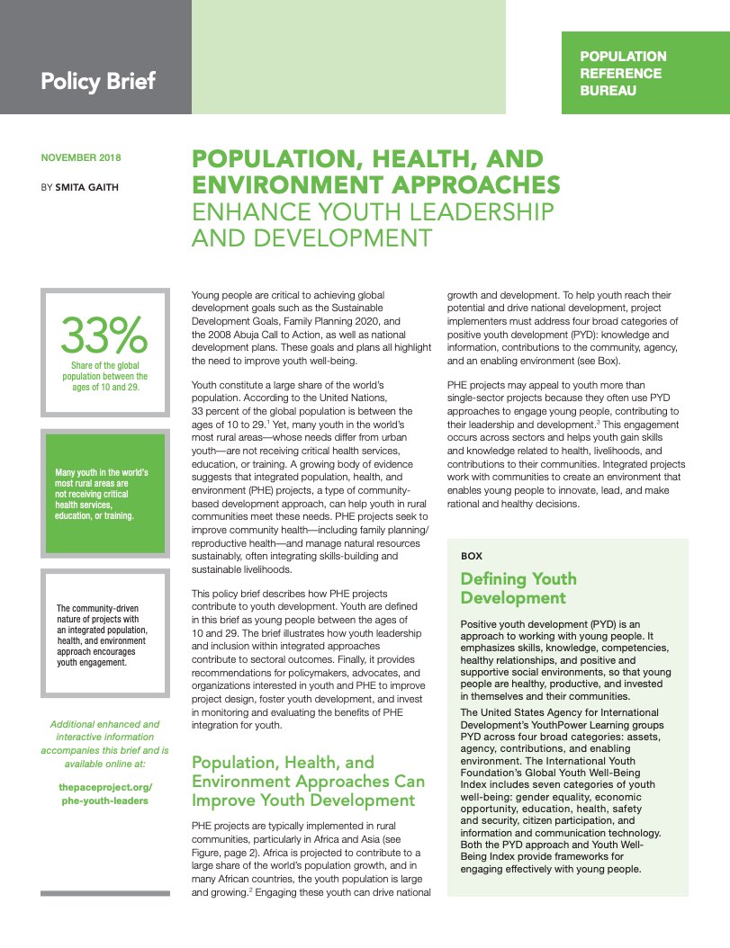Cover of PDF Policy Brief POPULATION, HEALTH, AND ENVIRONMENT APPROACHES ENHANCE YOUTH LEADERSHIP AND DEVELOPMENT