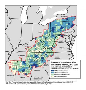 map of Appalachia showing percentage of households with broadband internet