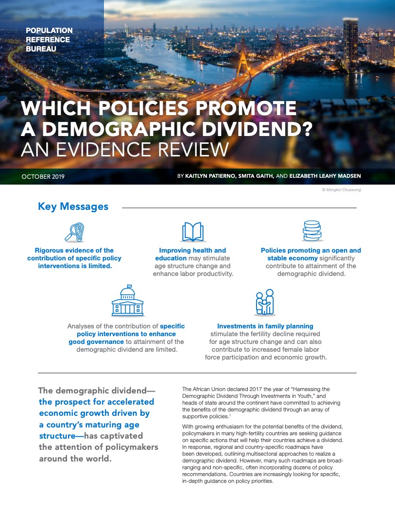 PDF cover: Which Policies Promote a Demographic Dividend? An Evidence Review with city and bridge at twilight