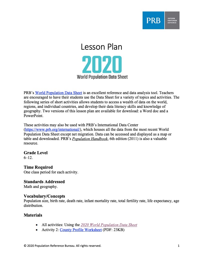 pdf cover image of 2020 World Population Data Sheet Lesson Plan