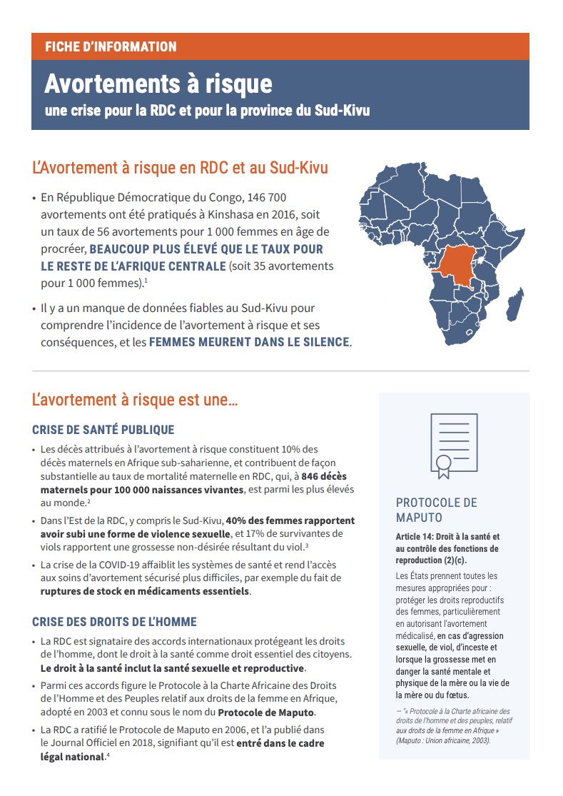 Cover of Fact Sheet in French:ICHE D’INFORMATION: Avortements à risque une crise pour la RDC et pour la province du Sud-Kivu