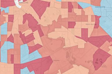 Detail of Dallas map showing US Census response in colors of red, blue, orange.