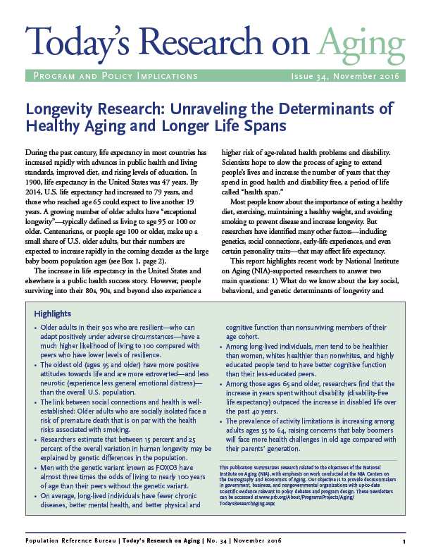 PDF cover: Today's Research on Aging, no. 34: Longevity Research: Unraveling the Determinants of Healthy Aging and Longer Life Spans