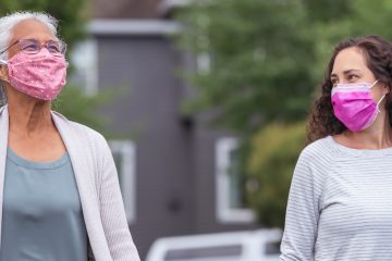 Two women wearing protective face masks enjoying the outdoors during Coronavirus