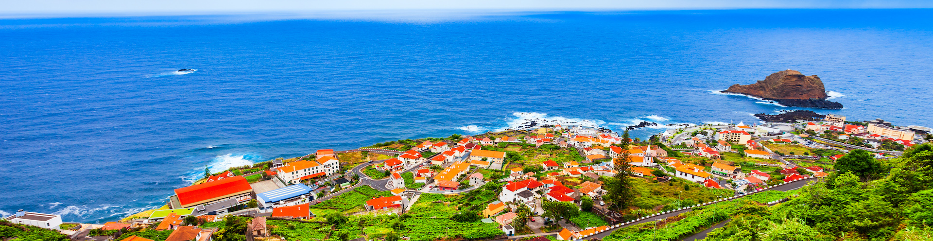 Porto Moniz town aerial panoramic view