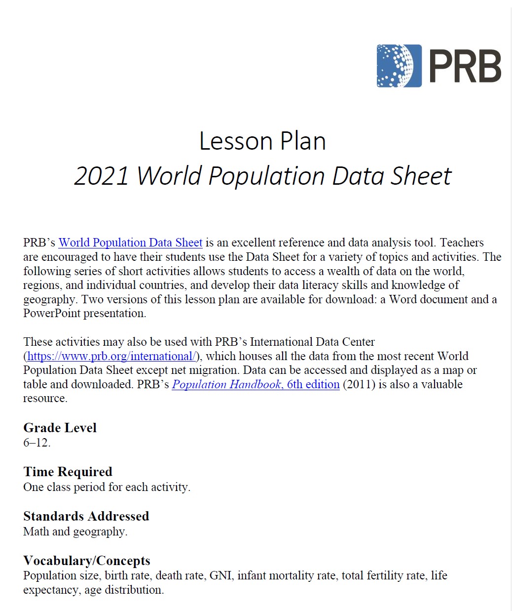 PDF. Lesson Plan. 2021 World Population Data Sheet - Population ...