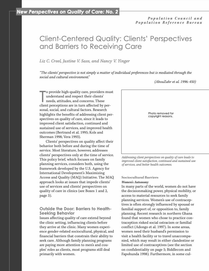 Understanding Client Perspective Report. Client-Centered Quality: Clients' Perspectives and Barriers to ...